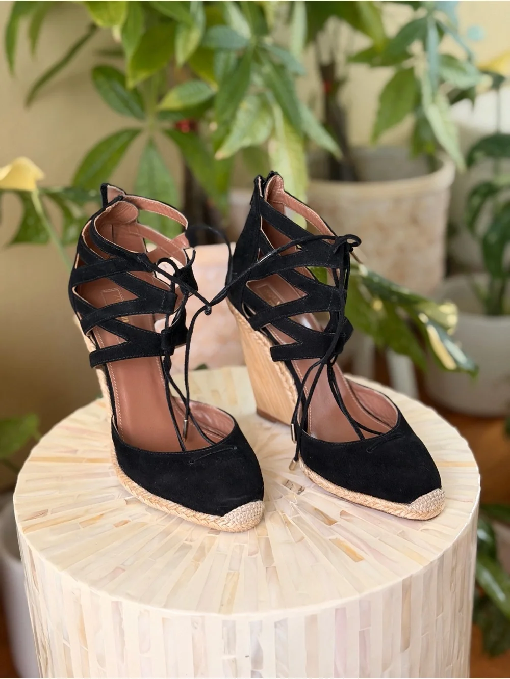 Aquazzura Black Suede Lace-Up Wedge Espadrille 37.5 / 7.5